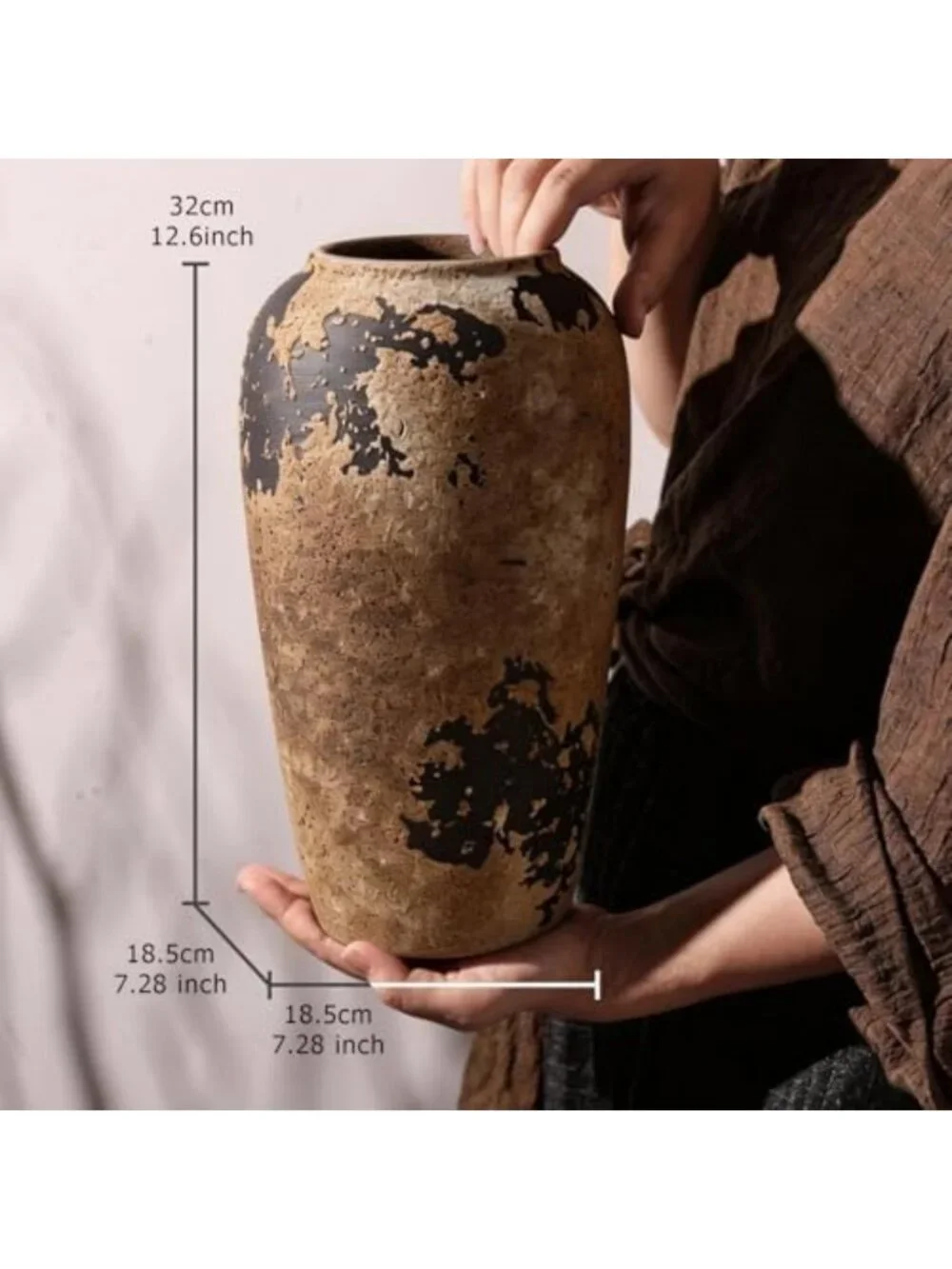12.6-Inch Rustic Ceramic Vase - Wabi Sabi Decorative Pottery for Home Decor
